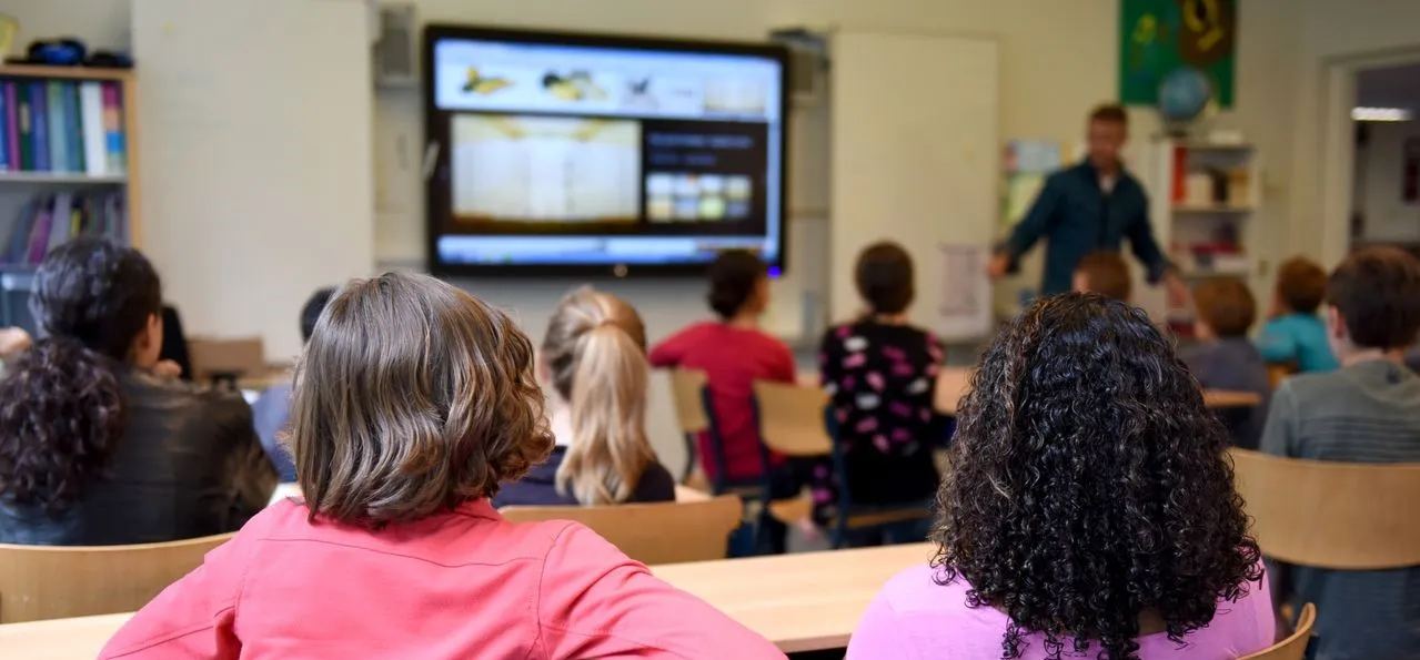Students attentively watching a lesson on a smart board in a colorful Dutch classroom.